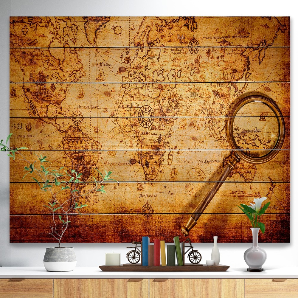 Designart 'Vintage World Map' Vintage Print on Natural Pine  Small