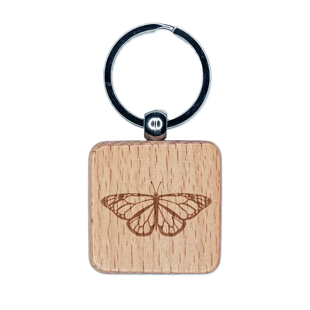 Monarch Butterfly Engraved Wood Square Keychain Tag Charm