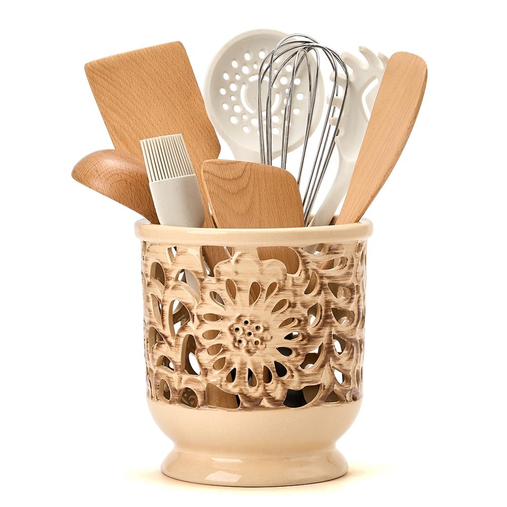 Kitchen Utensil Holder Countertop Farmhouse Decor Ceramic Crock Organizer