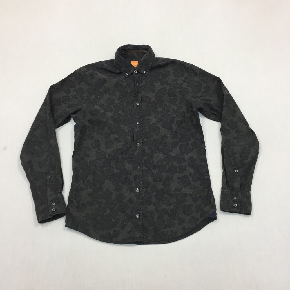 Camisa Hugo Boss Para Hombre Mediana Abotonada Manga Larga Floral Gris 100 Algodón (M)