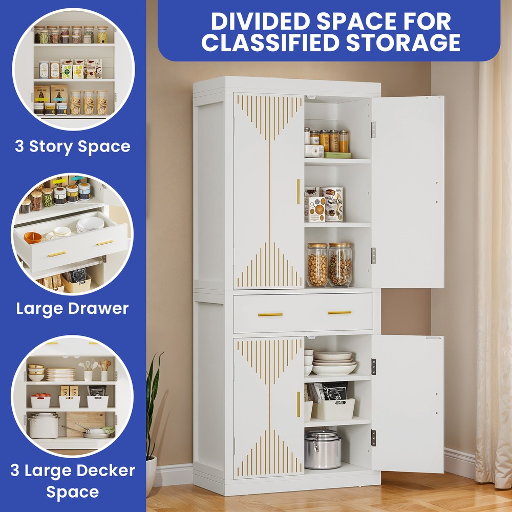 6-Door Kitchen Buffet Pantry Cabinet with Adjustable Shelves and Drawer Storage