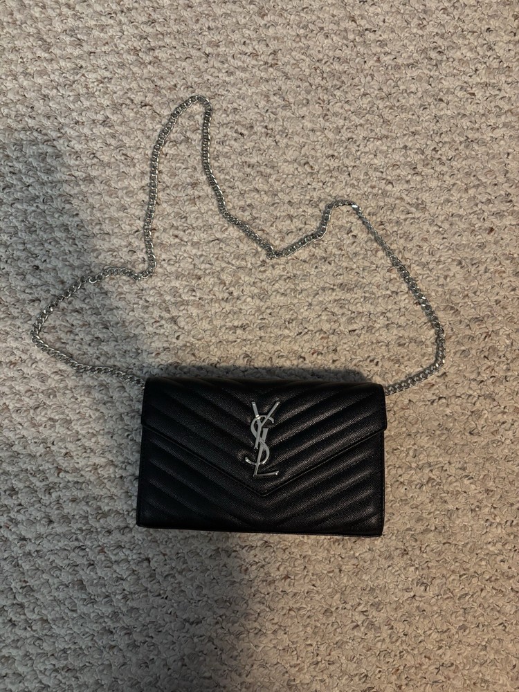 Yves Saint Laurent Silver On Black Leather Crossbody Bag