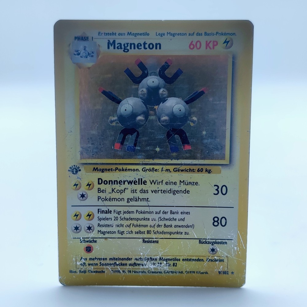 Vintage German 1st Edition Holo Magneton 9/102 Pokemon Card Base Set Poor Condition  