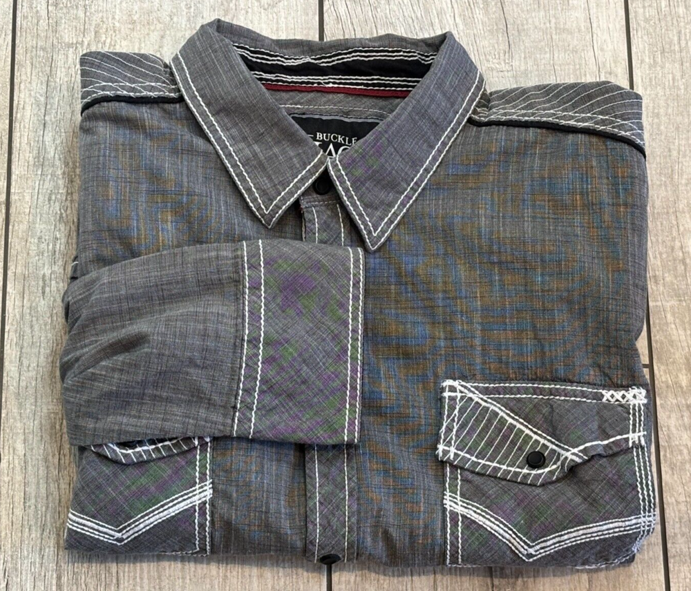 Buckle Black Athletic Fit Snap Up Mens Shirt 2XL Gray Flip Cuff Western Cowboy