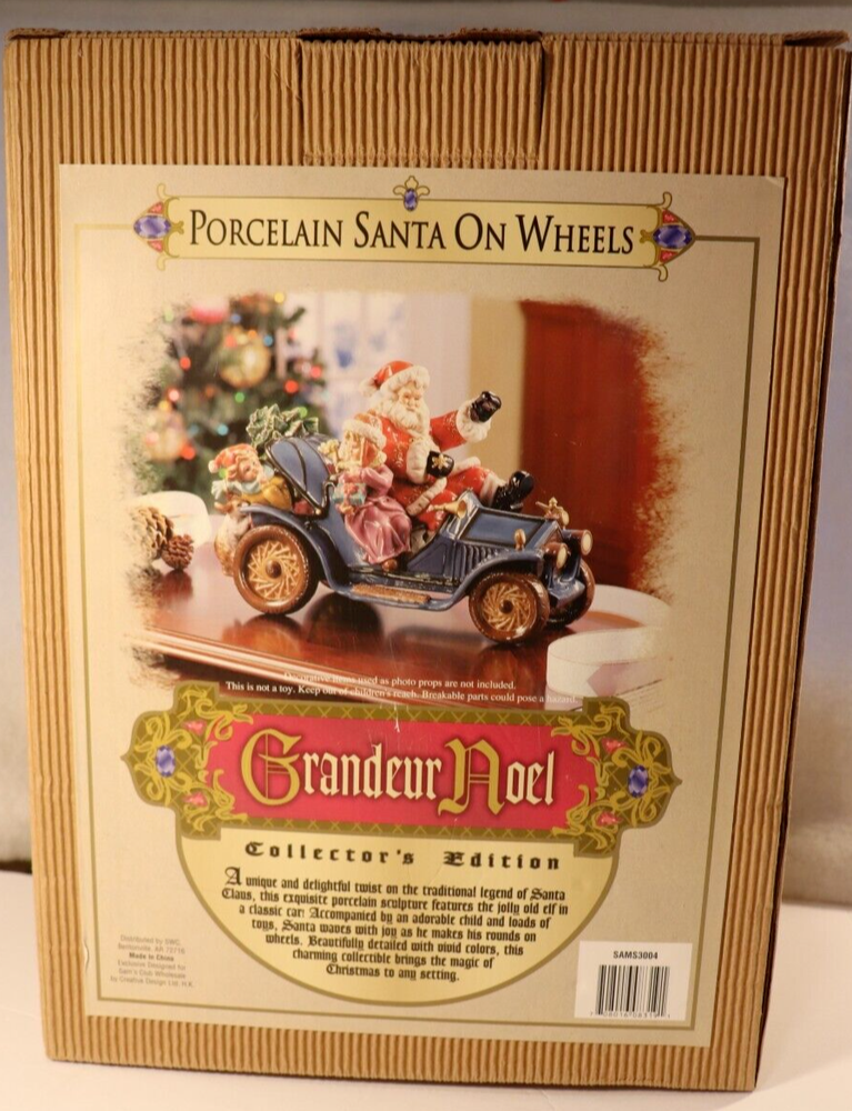PORCELAIN SANTA ON WHEELS BLUE CAR GRANDEUR NOEL COLLECTOR`S EDITION NEW IN BOX