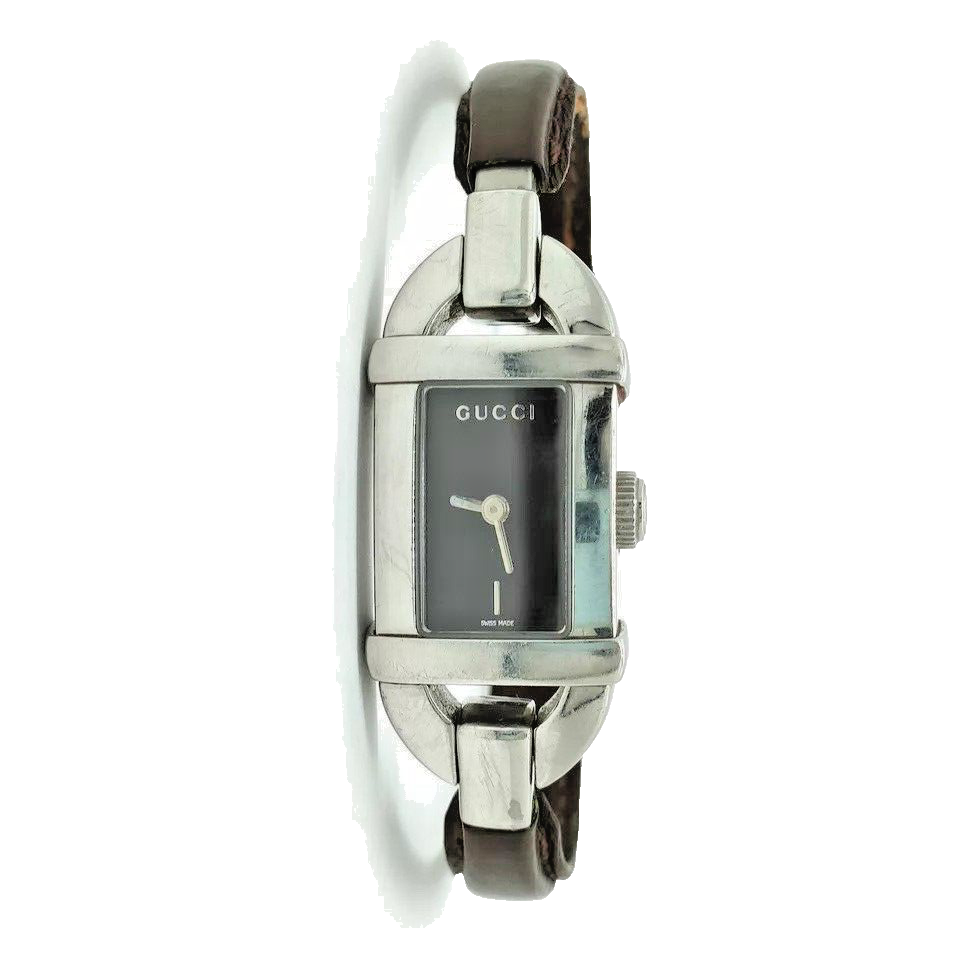Gucci 6800L Bamboo Bangle Ladies Quartz Watch Black Dial Stainless Steel 16mm