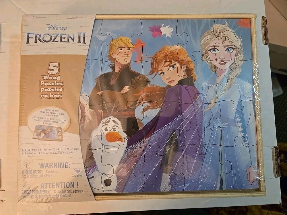 Disney Frozen II Storage Box 5 Wood Puzzles Tray Kid Educational Learn Ana Elsa