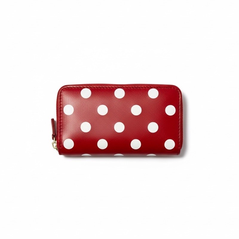 Comme des Garçons Red Leather Mini Zip Wallet Polka Dot Designer NWT