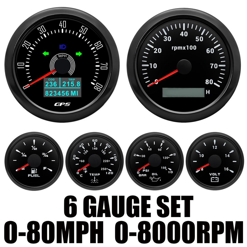 6 Gauge Set 85mm GPS Speedometer 0-80MPH Tachometer for Marine Boat Car Truck