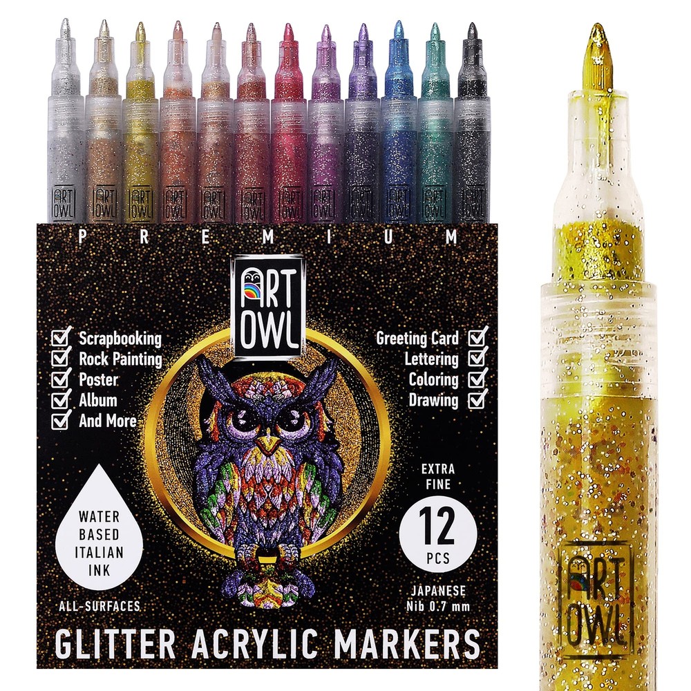 Art Owl Acrylic Glitter Paint Marker Pens, Ultra Fine Point 0.7mm - Sparkle P...