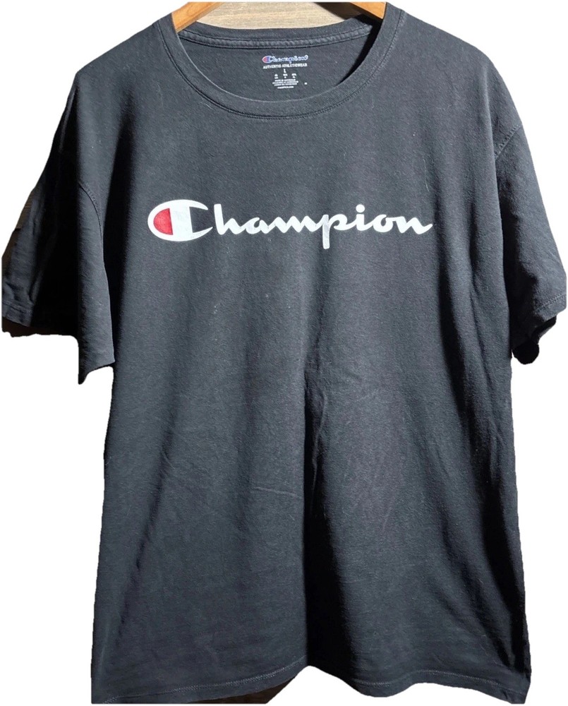 NWT Champion Men's Large Black w/ Script Logo Short Sleeve Graphic T-Shirt Tee
