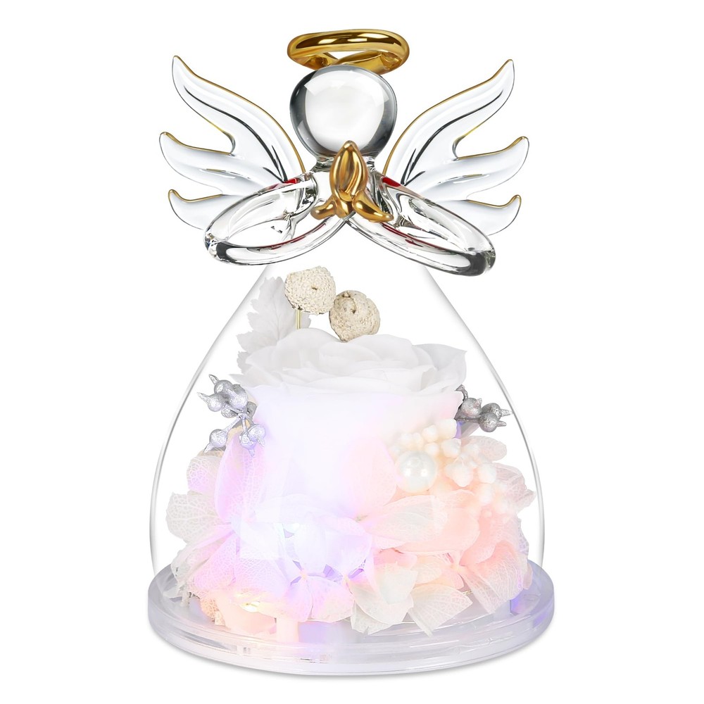Preserved Rose in Glass Dome with Angel Figurine, Mothers Day Gift for Mom
