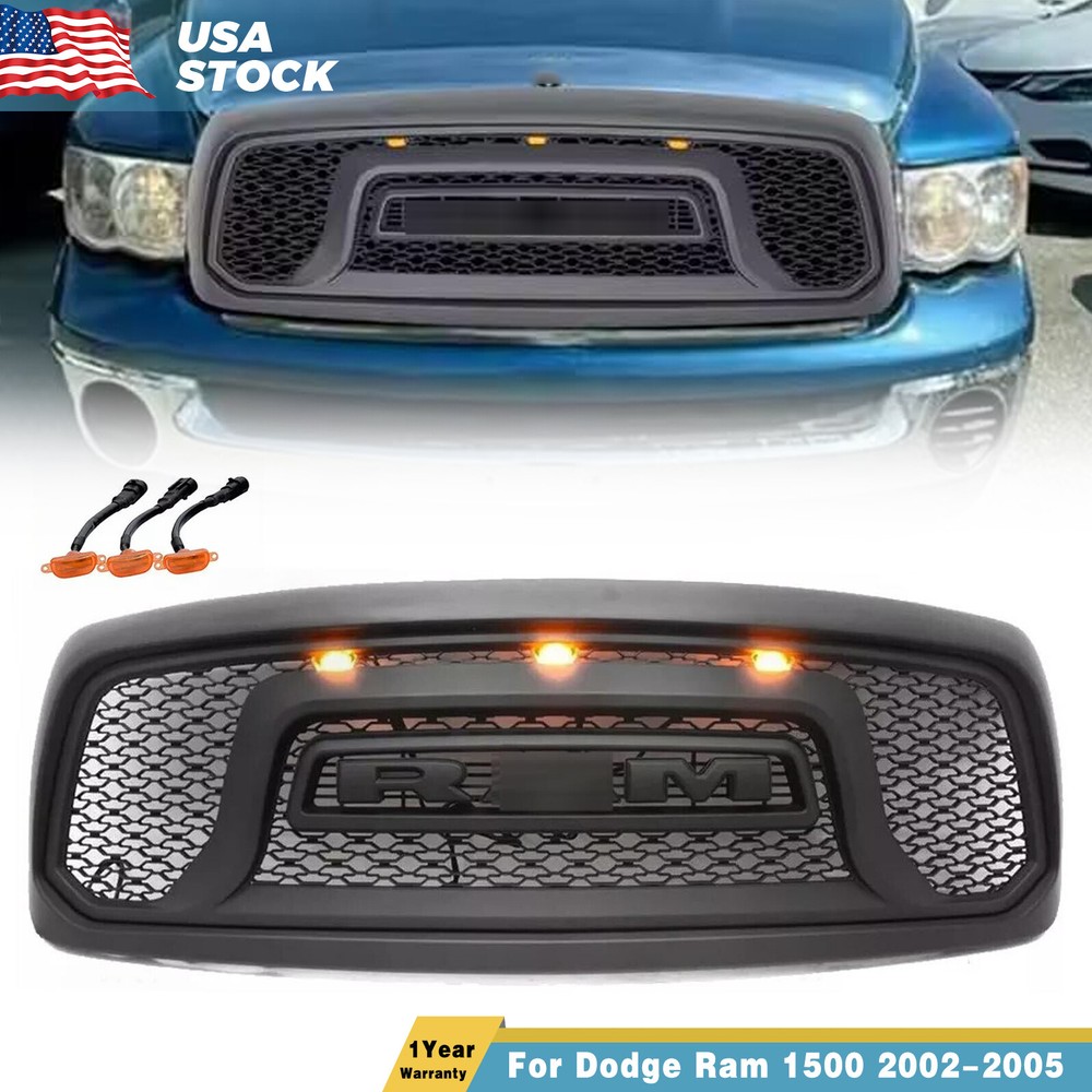 Fit For Dodge Ram 1500 Grill 2002-2005 Front Grille w/Letters& 3LED Lights Black