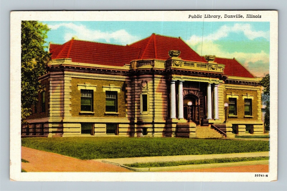 Vintage Danville IL Public Library Street View Postcard