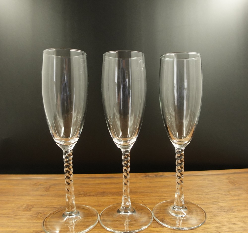 3 Angelique Style Champagne Flute Glasses W/ Spiral Stem 8 1/8