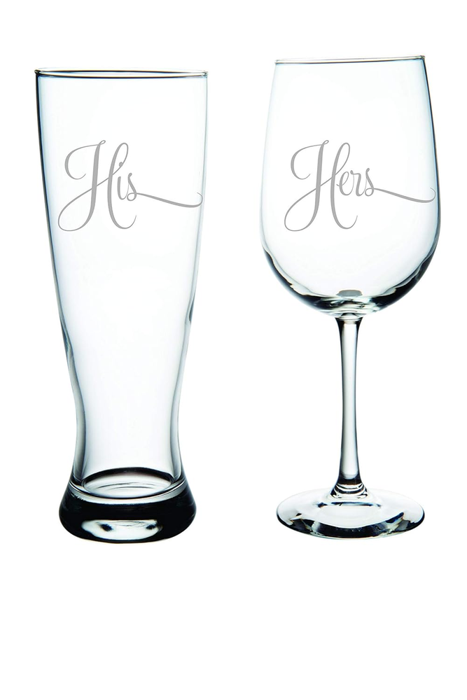 C & M Personal Gifts Wine Glasses (Set of 2) His and Hers Engraved Beer Glass an