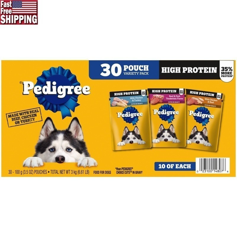 High Protein Soft Wet Dog Food Variety Pack 30 Pouches Beef Chicken Turkey New