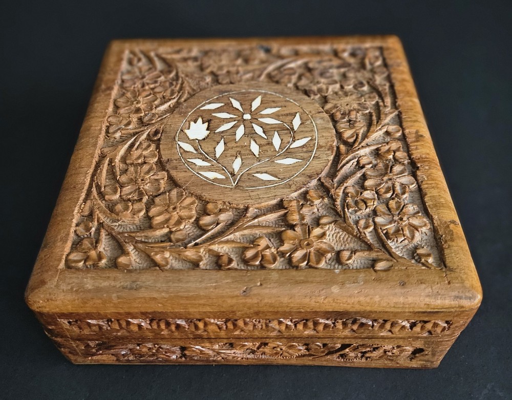Hand Carved Wooden Hinged Keepsake Box With Purple Felt Liner