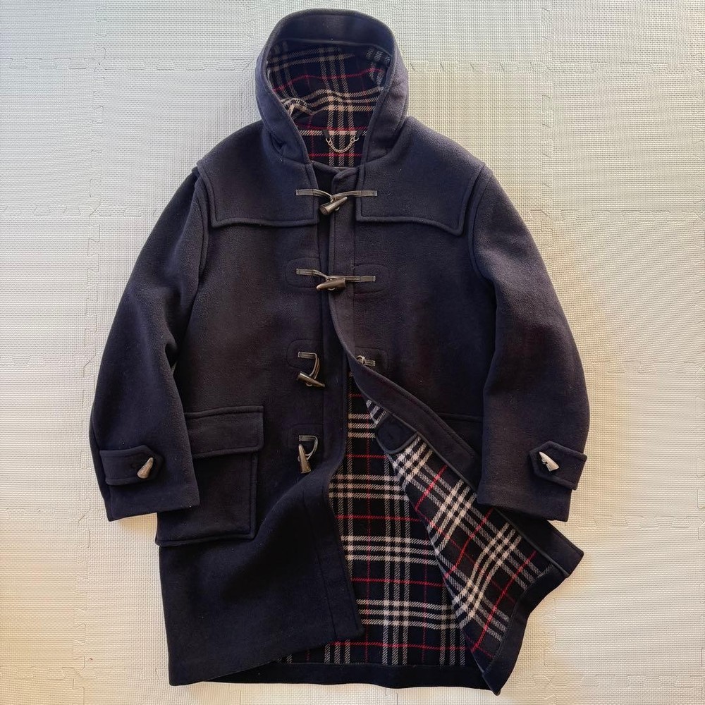 Burberry Duffle Coat Wool Used Men's Authentic Navy Nova Check Long Coat