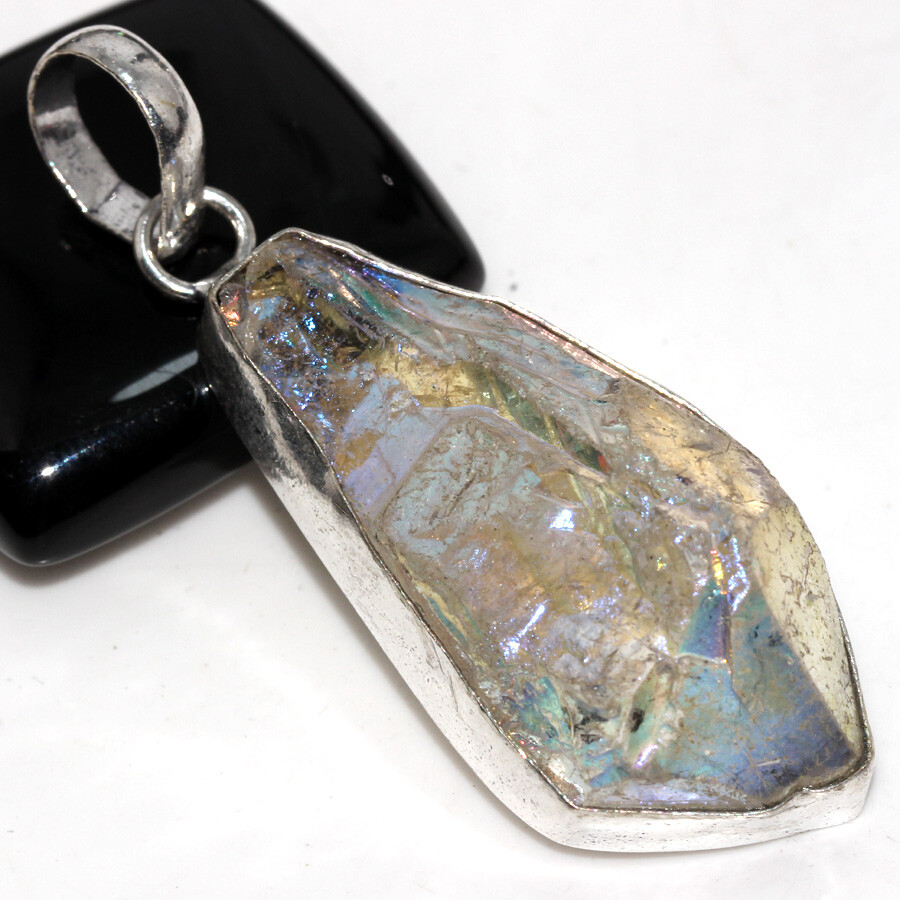 925 Silver Plated Crystal Titanium Aura Quartz Pendant Jewelry Size 2