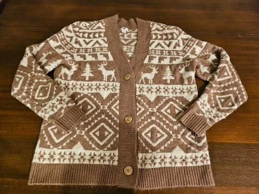 Seasonal Cardi Mens Christmas Button Down Long Cardigan Brown Beige S/M Reindeer-image