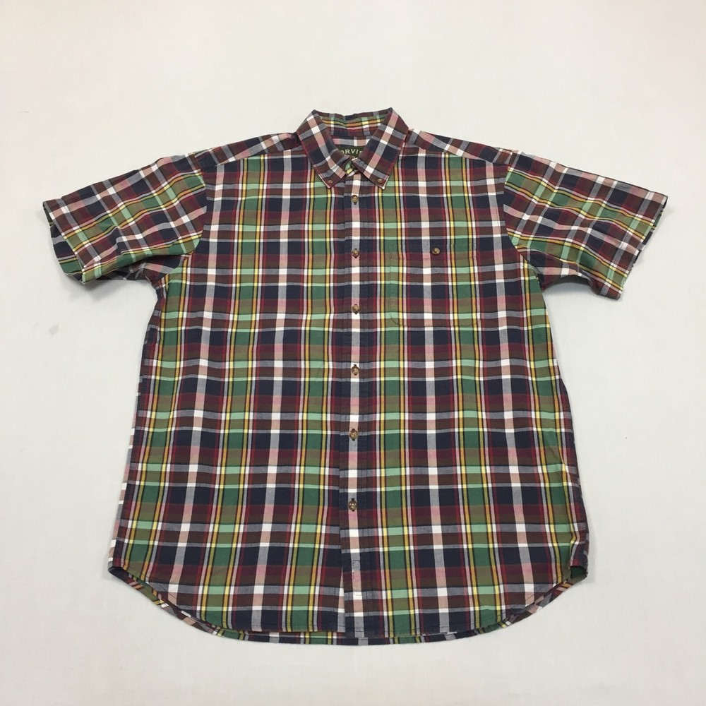 Orvis Shirt Mens Large Button Up Short Sleeve Green Check 100% Cotton (L)