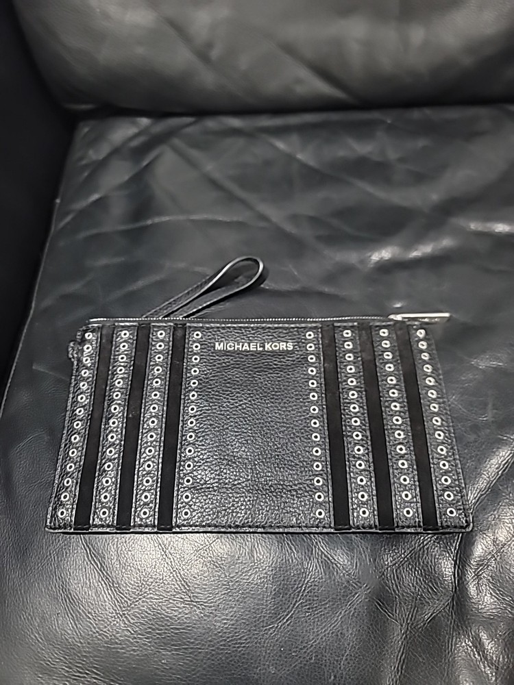 Michael Kors Clutch Black Leather Suede Studded Grommets Wristlet Rock Punk