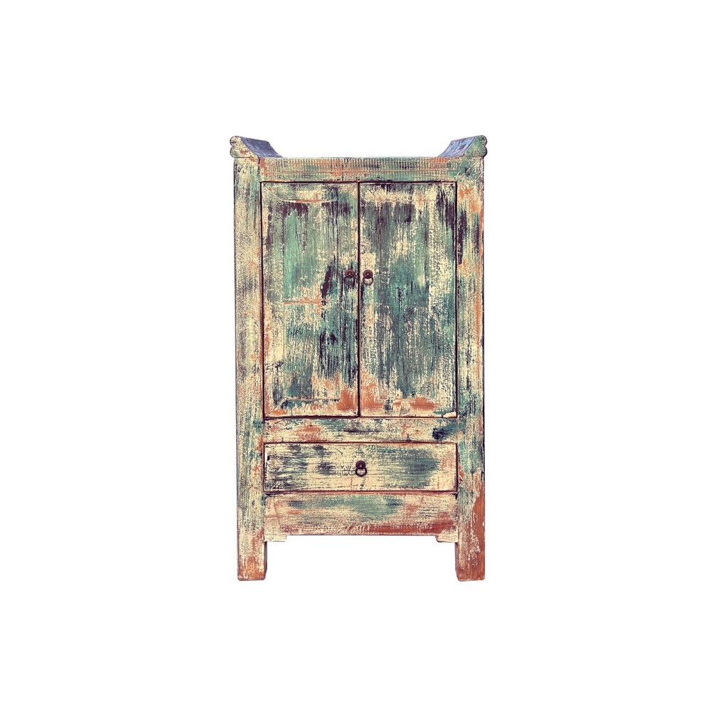 Distressed Teal Green Slim Narrow Point Edge Side Table Credenza Cabinet ws4489