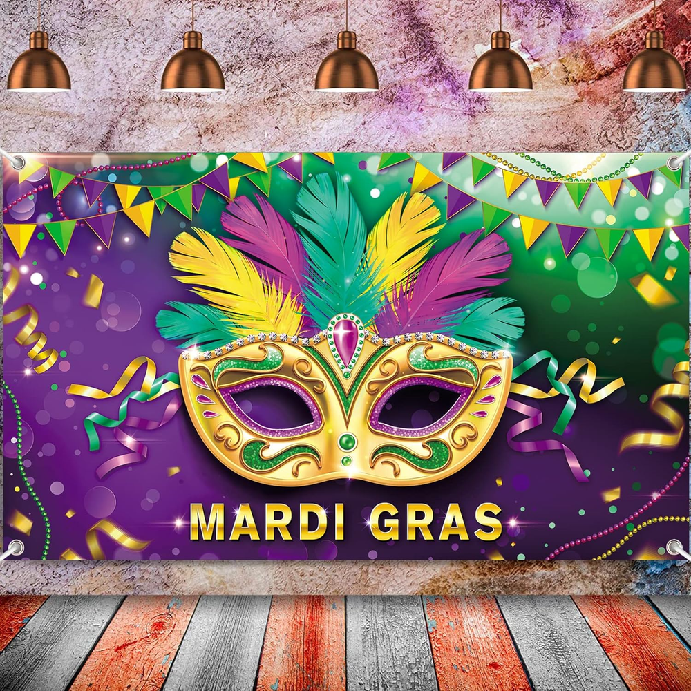 Colorful Mardi Gras Carnival Mask Party Backdrop for Birthdays Events