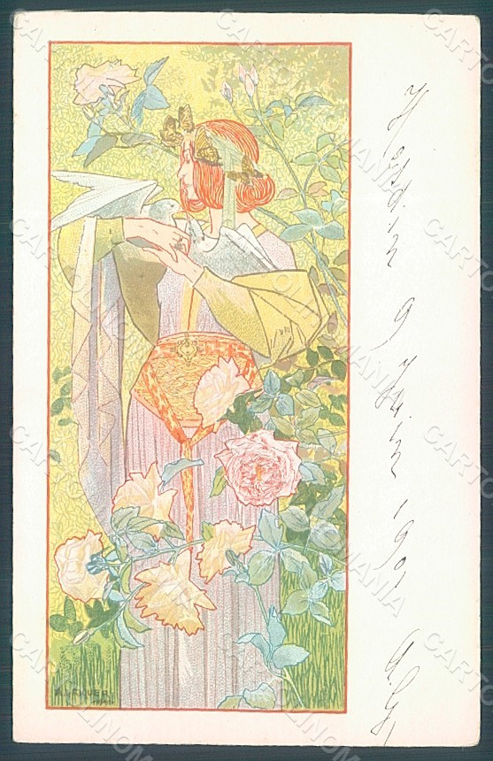 Artist Signed De Riquer Lady Art Nouveau Season Spring postcard HR2231