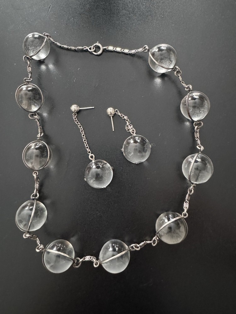 ANTIQUE POOLS OF LIGHT, ROCK CRYSTAL,10 ORB SILVER 42cm NECKLACE with earrings