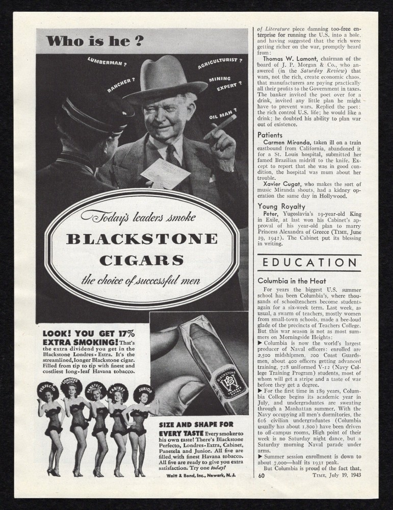 1943 Vintage Blackstone Cigars Ad for Successful Men Size Shape Print