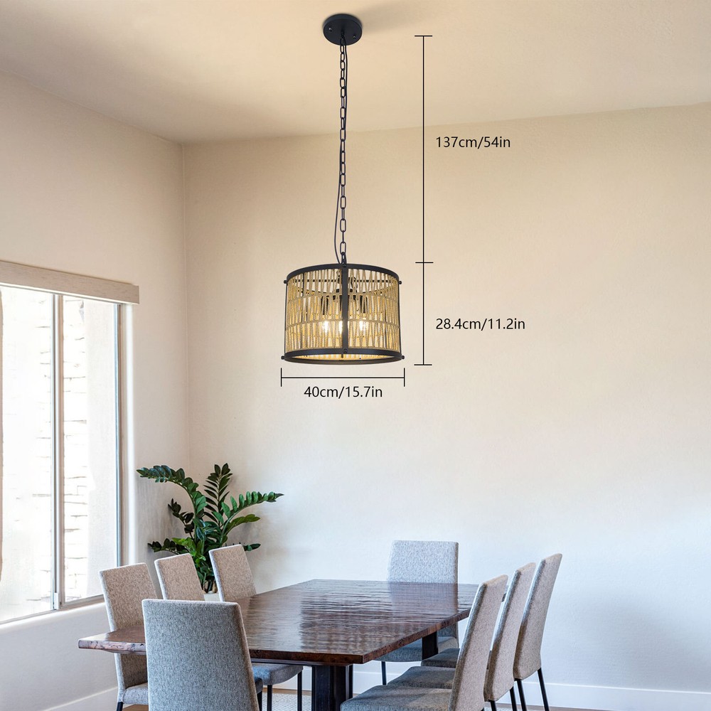 Farmhouse Rattan Pendant Light Vintage Industrial Chandelier Ceiling Lamp Retro