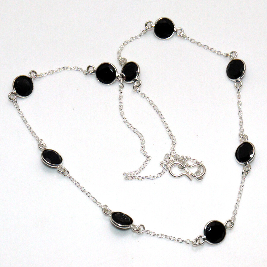 Elegant 925 Silver Plated Black Onyx Faceted Ethnic Necklace 19 Inches JW
