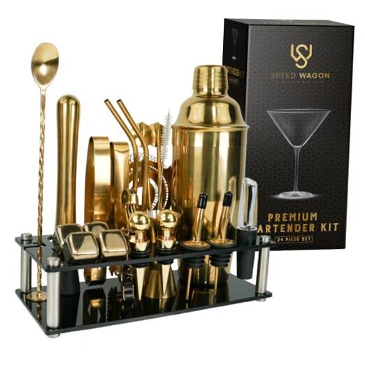 Mixology Bartender Kit – 24 Piece Gold Cocktail Shaker Set w/Stand – Essential