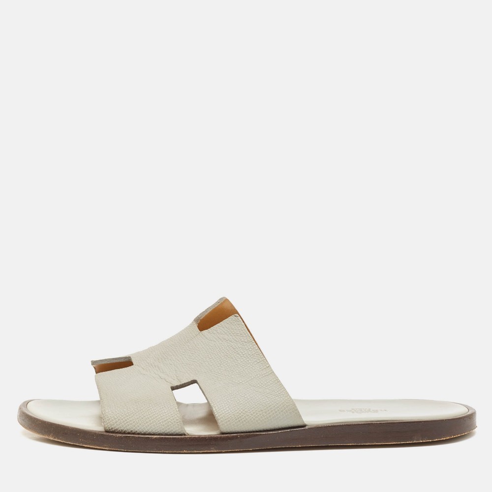 Hermes Grey Leather Izmir Flat Slides Size 41 EU