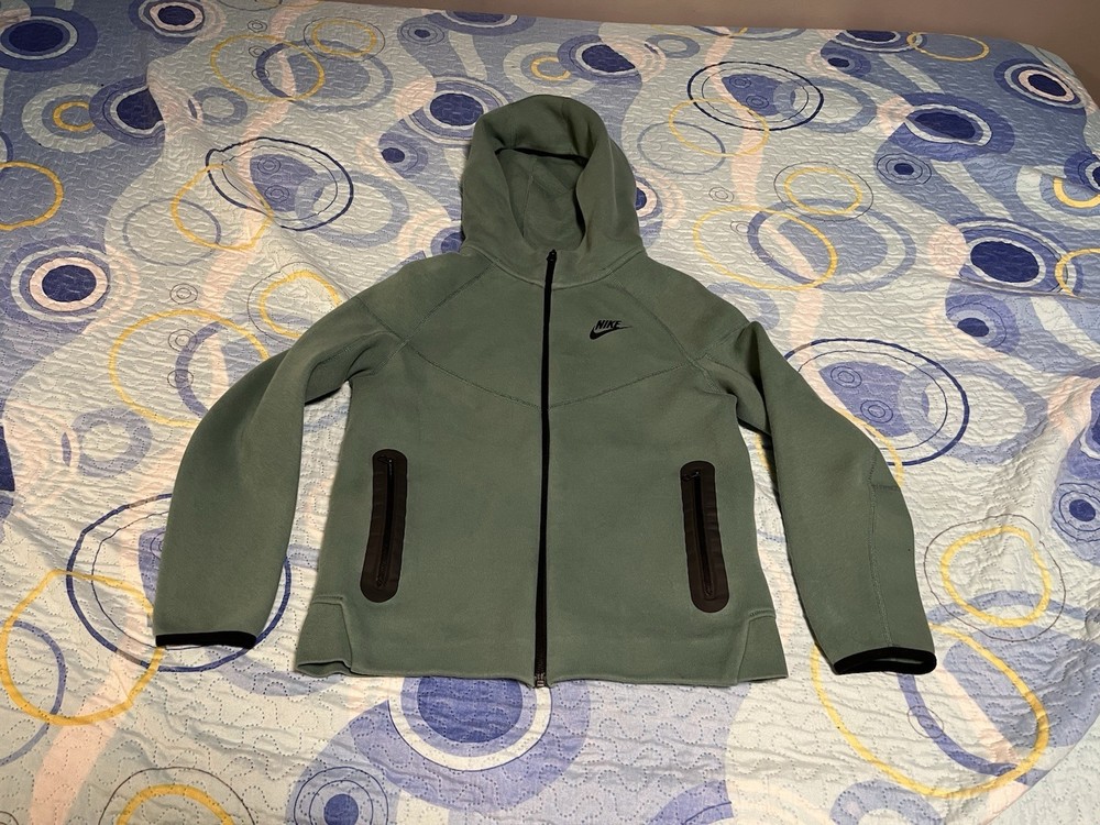 Nike Tech Fleece Hoodie Boys Large Green Full Zip Pockets Swoosh Spellout Youth
