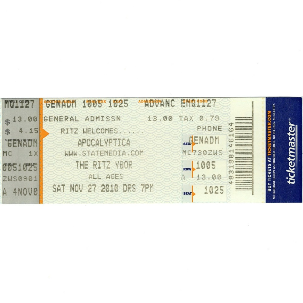 APOCALYPTICA Concert Ticket Stub TAMPA FLORDIA 11/27/10 THE RITZ YBOR Nice Rare