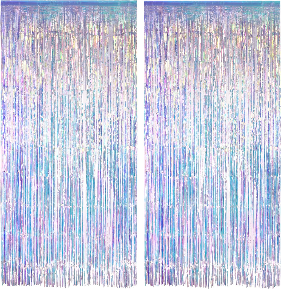 Iridescent Party Streamers Backdrop -  Neon Transparent Holographic Tinsel Foil