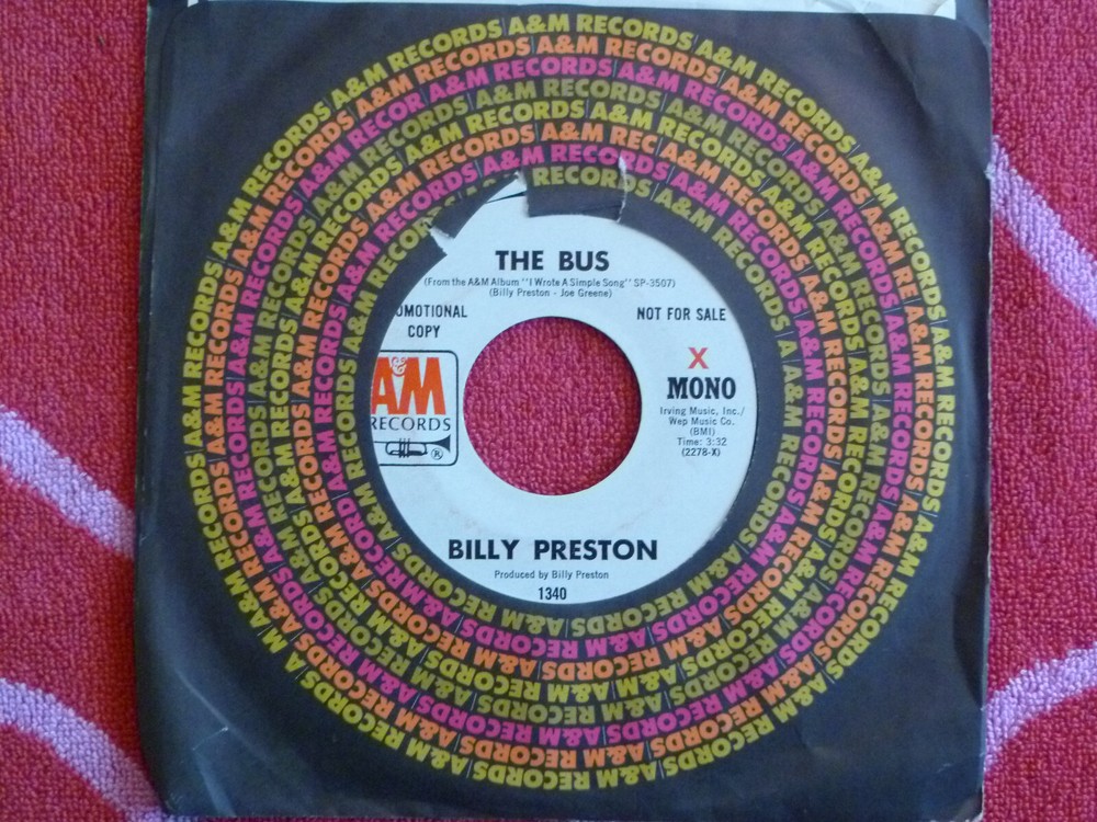 BILLY PRESTON The Bus 45 rpm WHITE LABEL PROMO A&M 1972 Mono/Stereo SOUL