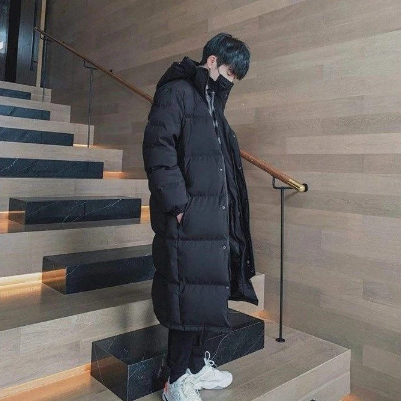 Men's Long Length Hooded Down Jacket Korean Style Slim Fit Winter Coat for Stude