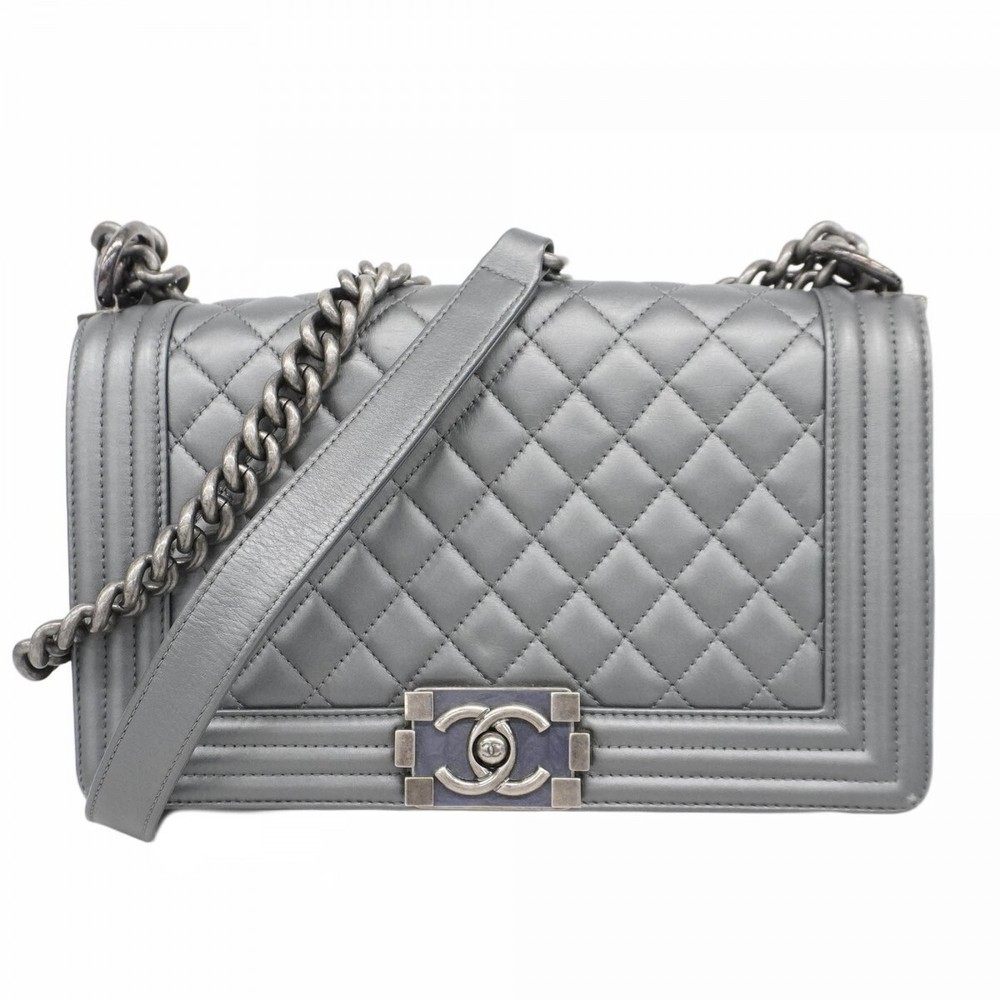 Chanel Boy Shoulder Bag in Gray Lambskin with Silver Chain Hardware 375300