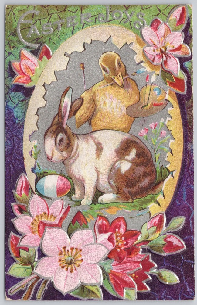 Easter Greetings Divided Back Embossed Postcard Rabbit Duck Egg