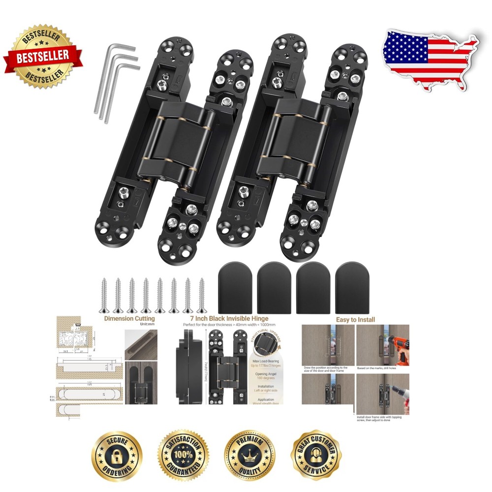 7-Inch Hidden Door Hinges - Rust Resistant, 3-Way Adjustable Concealed Design