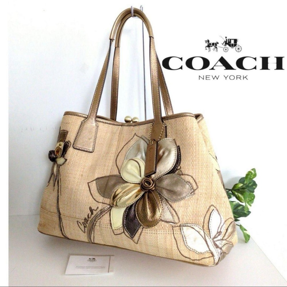 Limited Edition Coach Straw Botanical Leather Tote Shoulder Bag  