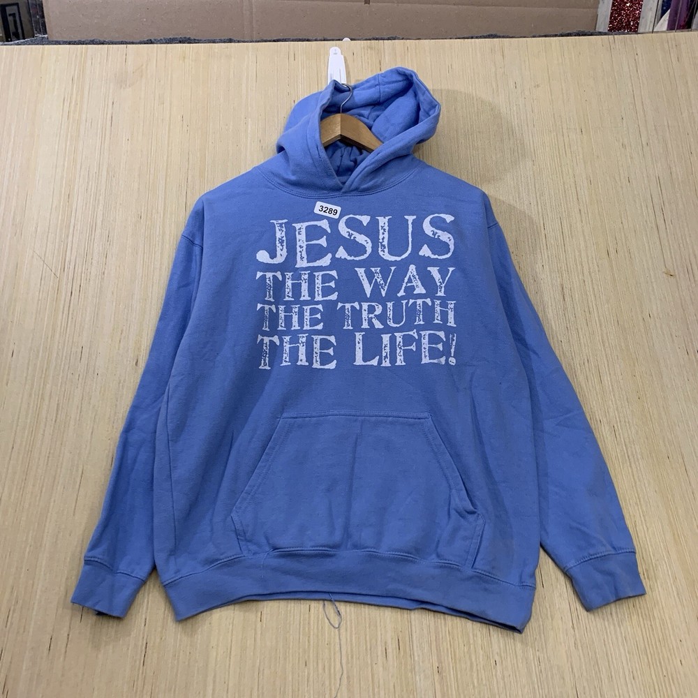 Vintage Jesus Hoodie  Adult Medium Blue Long Sleeve Men’s Pullover Graphic Y2K