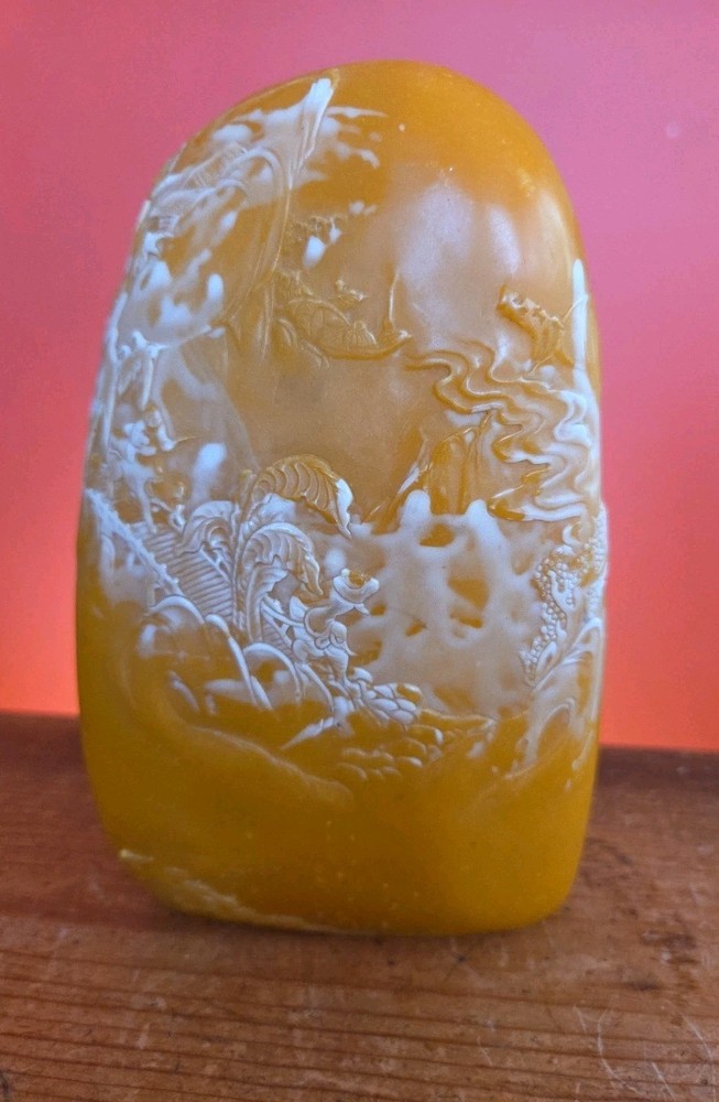 Vtg Chinese Carved Agate scholars landscape Chalcedony Stone Mcm Display Piece