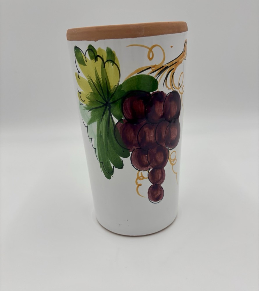 Pier 1-Terracotta Clay Glazed Wine Cooler Crock Vase Hand Painted Grapes Italy