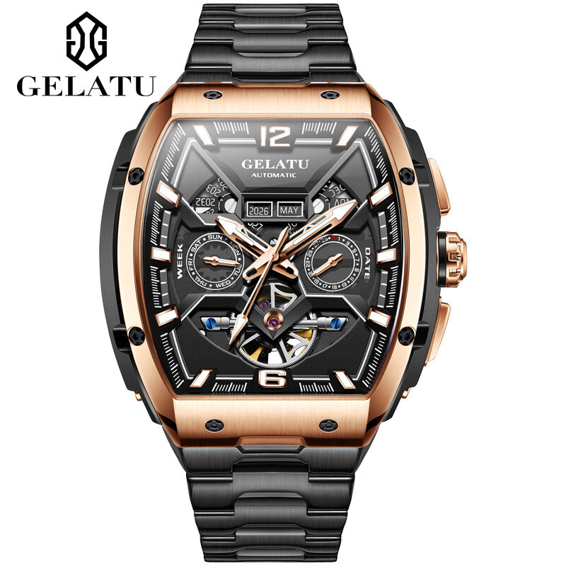 GELATU Tourbillon, Multifunctional, Barrel, Mechanical Watch, Men's, Watch