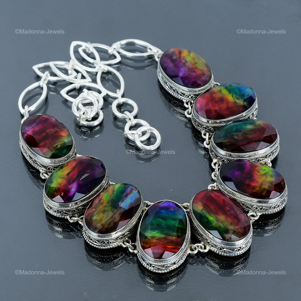 Mothers Day Sale Sterling Silver Ammolite Vintage Chain Necklace Jewelry Gift-image